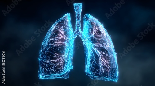 Digital representation of human lungs with glowing blue and purple veins on a dark background.