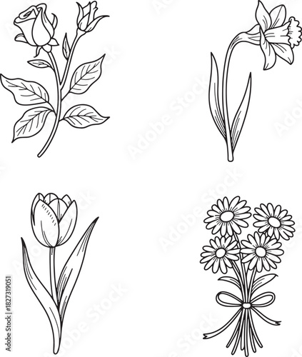 Delicate floral collection rose daffodil tulip and daisy bouquet line art design