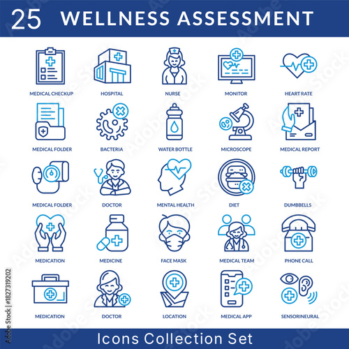 Wellness Assessment icon set collection in outline color style. an icon pack contain bacteria, water bottle, microscope, medical report, doctor, mental health, diet, dumbbells, medication, medicine