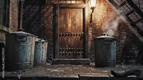 Vintage Urban Alleyway Night Scene with Steam and Black Cat Moving Past Door