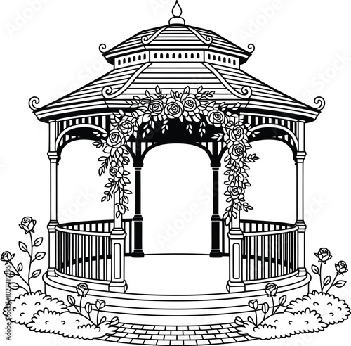 Elegant Gazebo Line Art Illustration with Floral Decorations for Garden Scenes