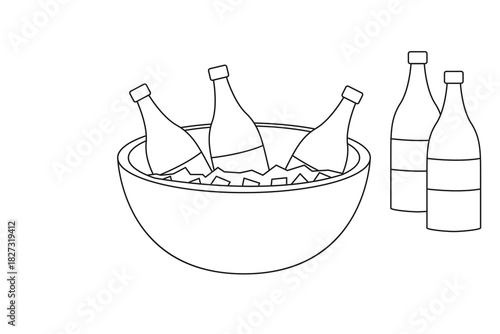 Minimal line art ice bucket with bottles and cubes, perfect for bar, party, beverage, and celebration visuals.
