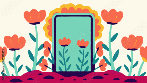 Conceptual Digital Detox Vector Illustration, Smartphone Blooming with Whimsical Flowers and Mushrooms