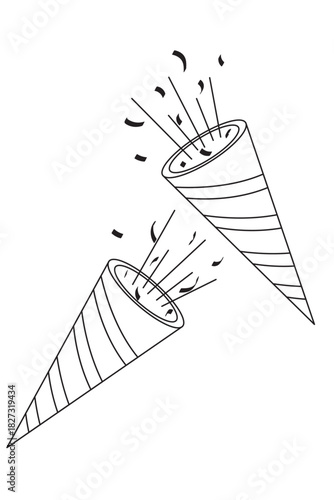 Simple confetti popper line drawing for celebration and holiday graphics. Great for party invites, web banners, and icons.