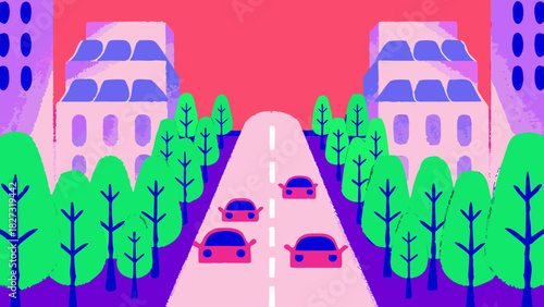 Futuristic Green City Illustration with Tree Buildings, Solar Leaves, and Electric Vehicles