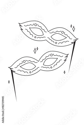Minimal masquerade mask line art on sticks for carnival, costume party, or gala visuals. Clean outline for invitations and icons.