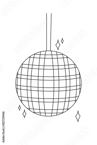 Minimal line art disco ball with sparkles, perfect for party, club, music, and celebration themes.