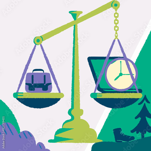 Work-Life Balance Vector Illustration, Golden Scale Balancing Career and Personal Life Icons