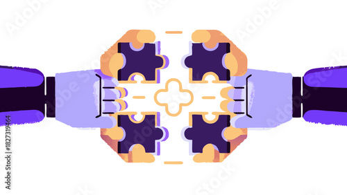 AI and Human Collaboration Vector Illustration, Robot and Human Hands Solving Glowing Data Puzzle Together