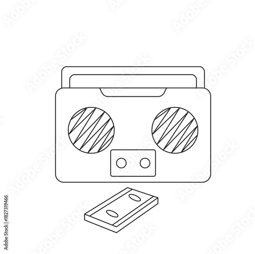Simple boombox and cassette line art for retro music, dance party, or nostalgia designs. Clean outline for posters and icons.