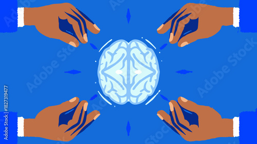 Conceptual Ethical AI Vector Illustration, Transparent Crystal Brain with Diverse Human Oversight and Care