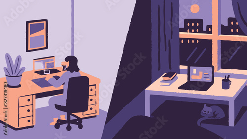Split-Screen Remote Work Illustration, Seamless Connection Between Organized Home Office and Foreign Cafe Lifestyle