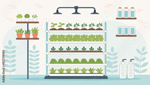 Minimalist Indoor Hydroponic Gardening Vector, Tiered System with LED Lights and Fresh Herbs