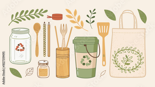 Flat Vector Zero Waste Kitchen Collection, Sustainable Bamboo Utensils and Reusable Eco Products