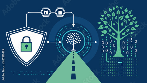 Secure Data Flow Vector Illustration, Encrypted Shield to Structured Information Tree