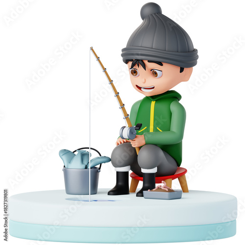 Professionally rendered 3D icon of a man ice fishing on a snowy winter scene. Ideal for e-commerce, apps, and digital products needing clean, high-quality visual illustrations.