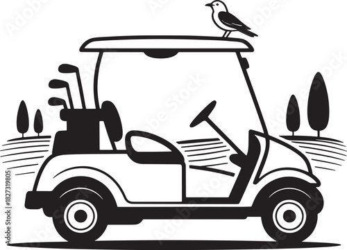Golf Cart With Bird On Top And Golf Clubs Silhouette Design Transport Vehicle