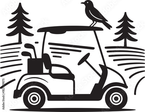 Golf Cart With Bird On Top And Golf Clubs With Trees Silhouette Design Fun Ride