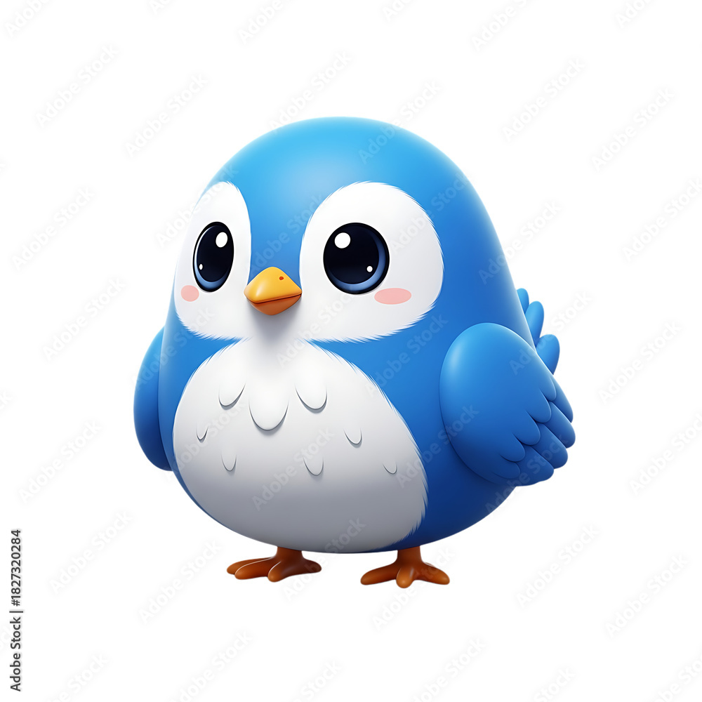 Obraz premium Cute blue cartoon bird character with big eyes and friendly expression designed for children’s stories and playful animation, isolated on a transparent background, png, cutout.