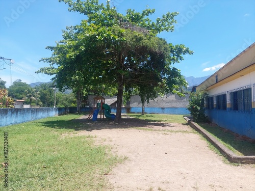 Schoolyard with trees, playground slide, and building