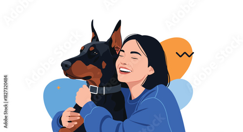 Happy girl hugging her adorable Doberman dog in a loving embrace, a joyful moment of companionship and love, perfect for pet-related campaigns