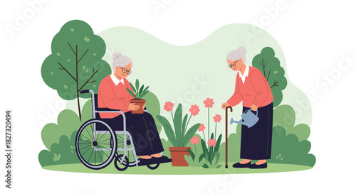 Charming senior women enjoying gardening together in the sunshine, fostering friendship and creating a vibrant outdoor space with pink blooms