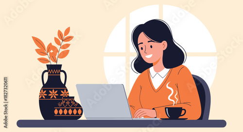 Cheerful woman working on laptop in cozy home office, enjoying coffee and modern design, perfect for remote work and lifestyle content