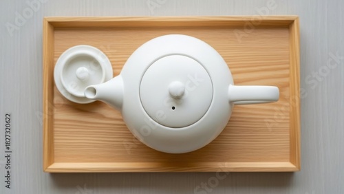 Overhead shot of a white ceramic teapot with lid on a wooden tray simple and minimalist design for tea preparation and serving