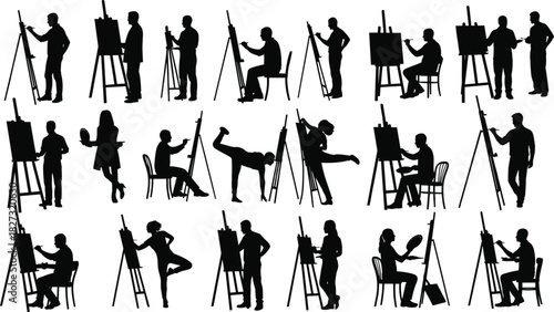 Artist silhouettes painting on easels, creative people drawing in various poses, art studio illustration set for design, education, and creativity themes