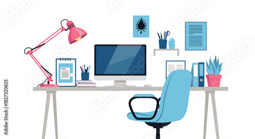 Modern workspace illustration for creative design projects, featuring a stylish desk setup and vibrant color palette perfect for fresh, innovative designs