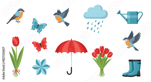 Delightful spring icons set for cheerful designs featuring birds, butterflies, tulips, rain cloud, umbrella, watering can, and rain boots