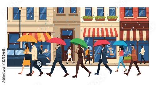 Stylish professionals walking confidently with umbrellas on a rainy day in the city, embracing the weather with colorful umbrellas and fashionable attire