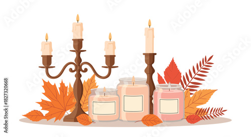 Elegant autumn candles and leaves create a cozy seasonal ambiance for fall celebrations and home decor with warm light and rustic charm