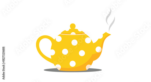 Whimsical yellow polka dot teapot steaming, perfect for tea time designs or cheerful kitchen themes, adding a touch of fun and warmth to any project