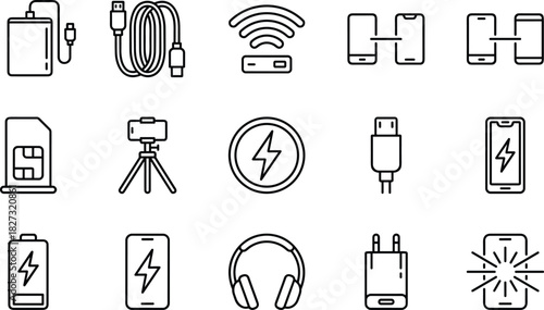 Mobile Phone Connectivity, Charging, and Accessory Vector Icons Set, Including USB, Wi-Fi, Data Transfer, SIM Card, Power Bank, Headphone, and Wireless Signal Symbols.