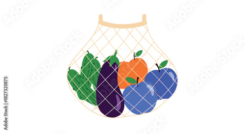 Fresh produce in reusable string bag for eco-friendly shopping promoting sustainable lifestyle choices and healthy eating habits in trendy design