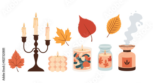 Create a cozy autumn mood with decorative candles and colorful fall leaves, perfect for Thanksgiving gatherings and seasonal celebrations