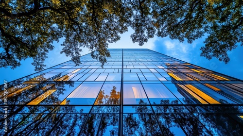 Sustainable green building. Eco-friendly building. Sustainable glass office building with tree for reducing carbon dioxide. Office with green environment. Corporate building reduce CO2. Safety glass.