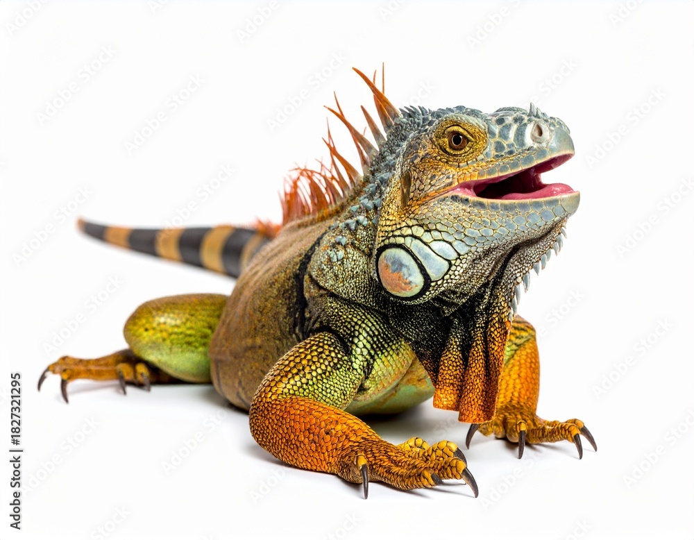 Obraz premium Green iguana lying down with its mouth open, showcasing a powerful posture.