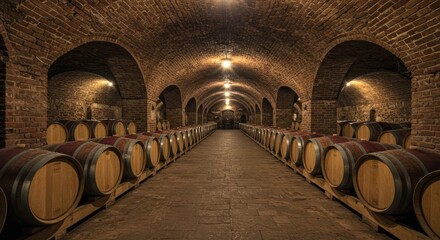 Papier peint photo  Rows of aged wooden barrels line a dimly lit, arched brick cellar  © tri