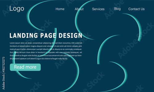 Landing page design with abstract lines and navigation elements.