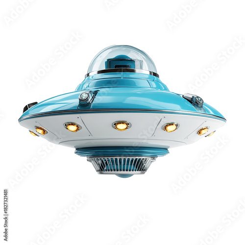 Retro toy flying saucer ufo with lights transparent background