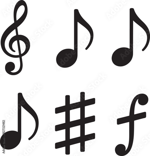 Musical notation black silhouettes set vector art for melody symphony score signs