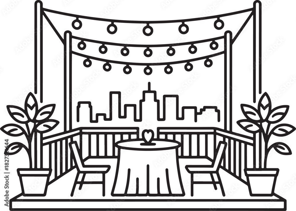 Fototapeta premium Outdoor city balcony cafe with string lights line art vector illustration