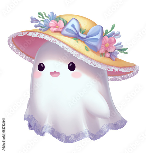 Cute ghost wearing a yellow hat with flowers and bow isolated on transparent background