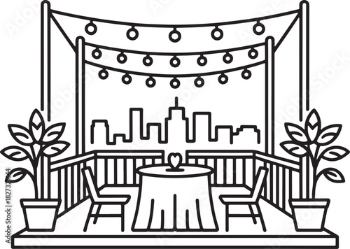 Outdoor city balcony cafe with string lights line art vector illustration
