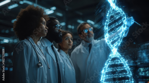 Medical Team Examining a Glowing DNA Strand in a Futuristic Laboratory