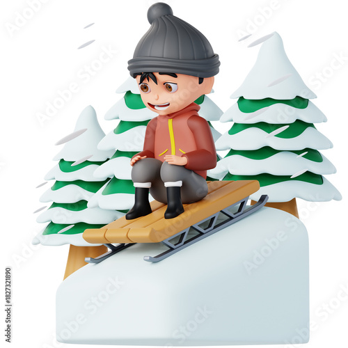 Professionally rendered 3D icon of a man sledding downhill on a snowy slope. Ideal for e-commerce, apps, and digital products needing clean, high-quality winter activity illustrations.