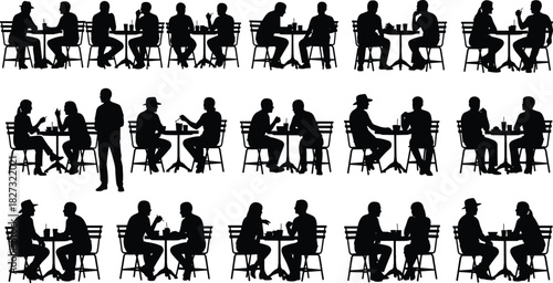 Conversation silhouette illustration set, black vector, seated pairs at tables, social interaction, body language, abstract artwork