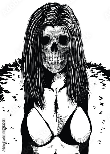 Glamorous Ghost Woman in Bikini and Feather Cape Fashion Vector Illustration